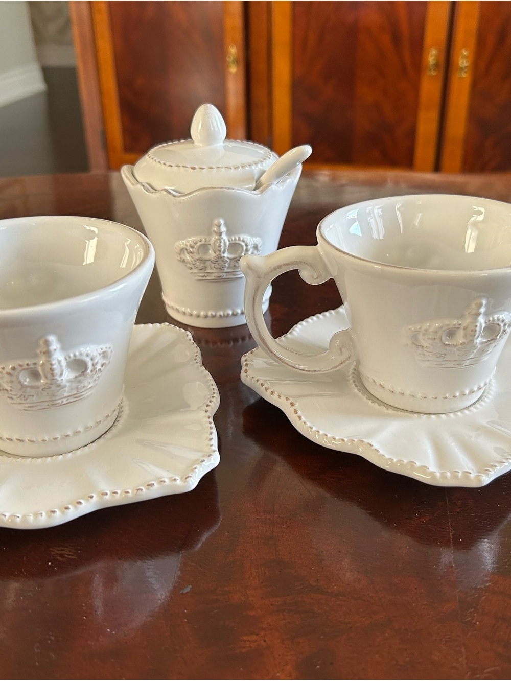 Elegant White Ceramic Crown Teacup Set with Saucers, England, London
